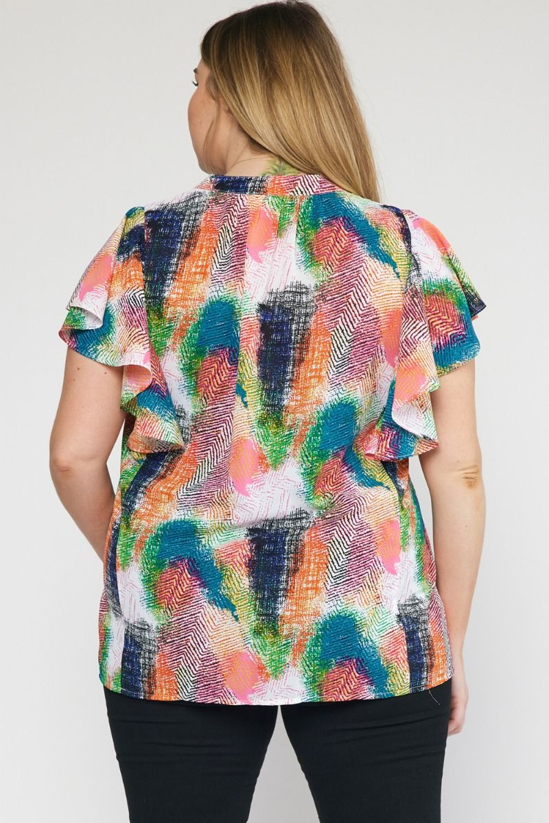 Entro Green Orange Print V-Neck Ruffle Sleeve Top Featuring Button Detail Plus-Curvy/Plus Blouses-Entro-Deja Nu Boutique, Women's Fashion Boutique in Lampasas, Texas