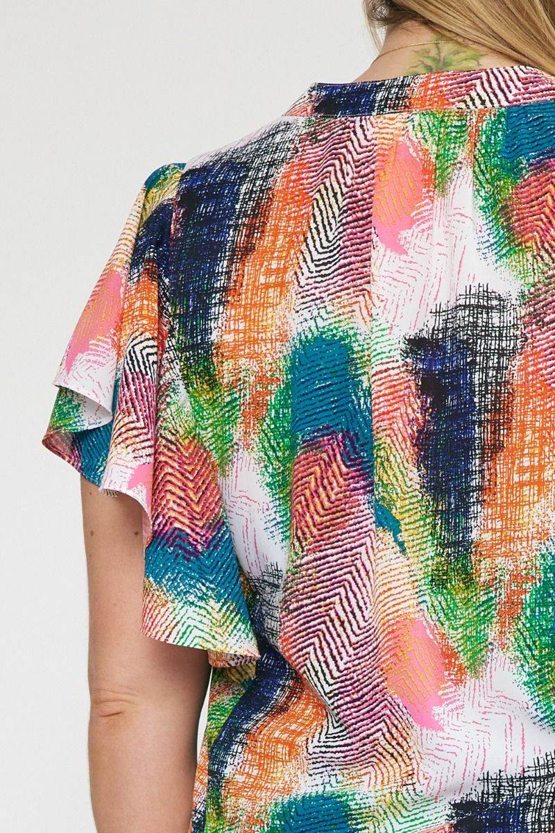 Entro Green Orange Print V-Neck Ruffle Sleeve Top Featuring Button Detail Plus-Curvy/Plus Blouses-Entro-Deja Nu Boutique, Women's Fashion Boutique in Lampasas, Texas