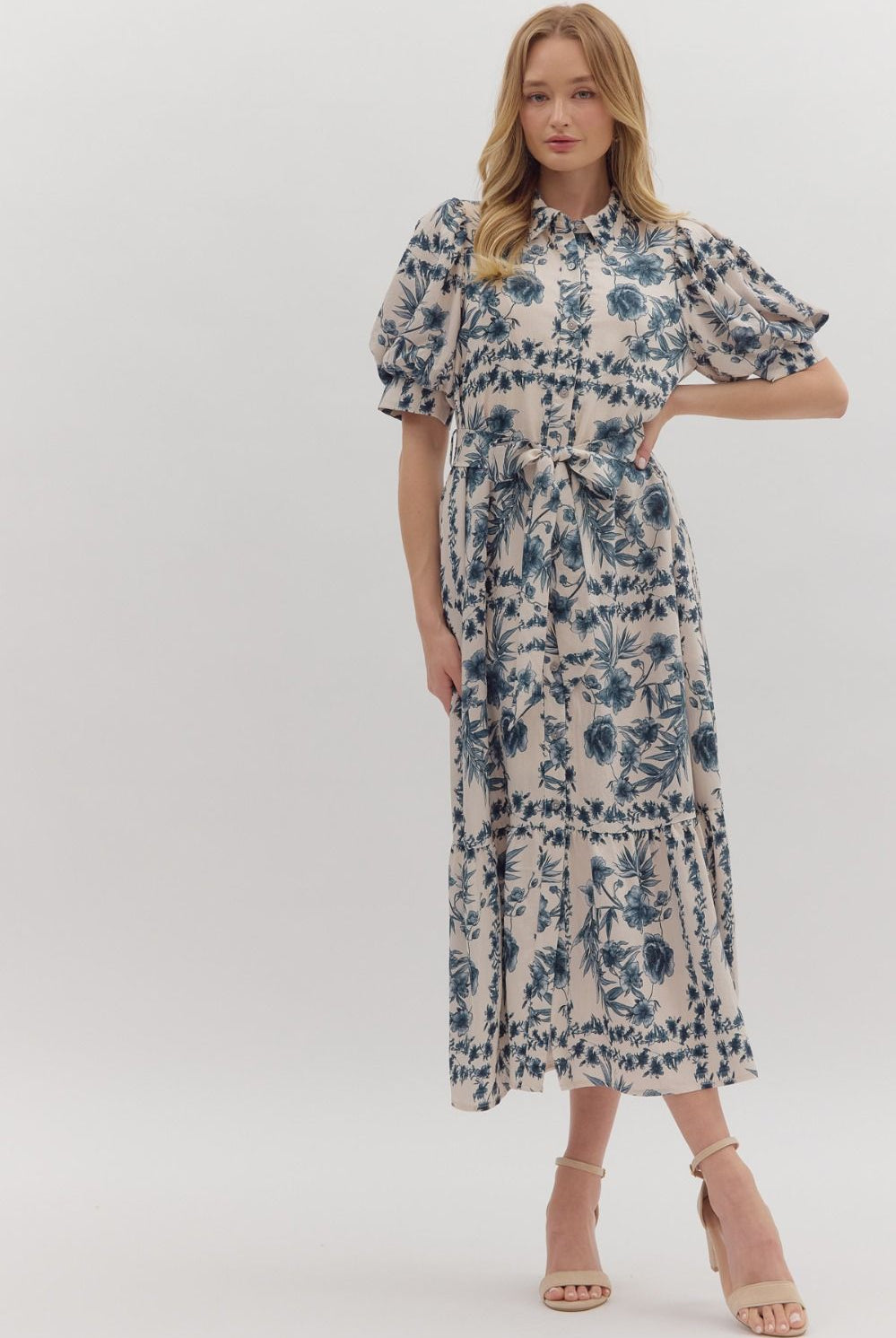 Entro Ink Blue Floral Midi Dress with Puff Sleeves & Tie Waist-Midi Dresses-entro-Deja Nu Boutique, Women's Fashion Boutique in Lampasas, Texas