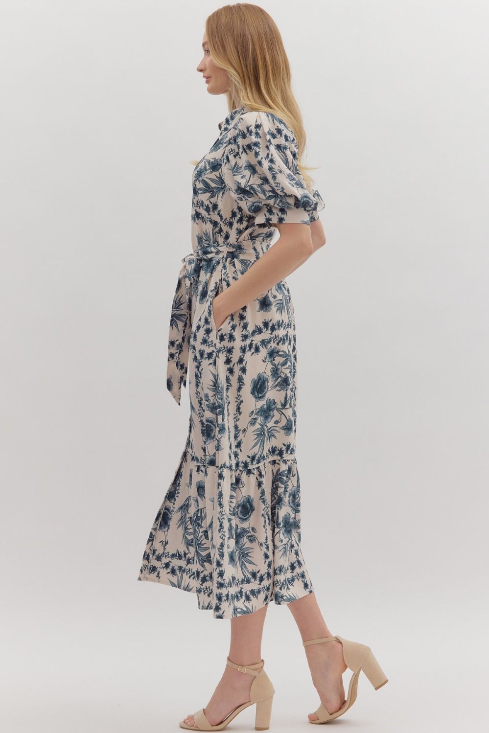 Entro Ink Blue Floral Midi Dress with Puff Sleeves & Tie Waist-Midi Dresses-entro-Deja Nu Boutique, Women's Fashion Boutique in Lampasas, Texas