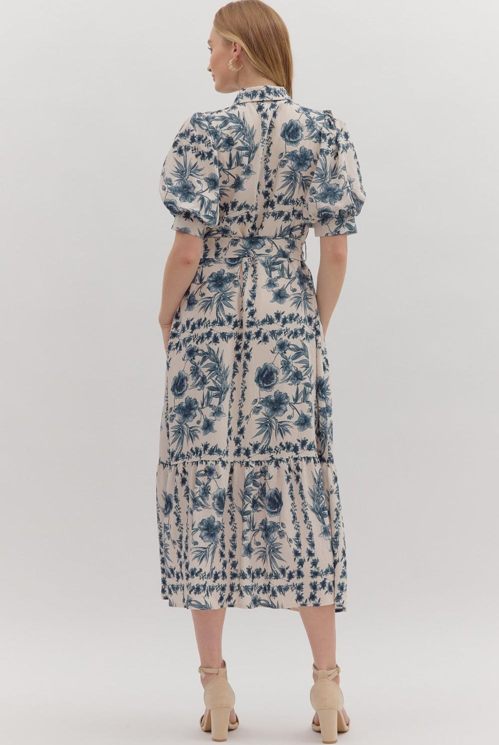 Entro Ink Blue Floral Midi Dress with Puff Sleeves & Tie Waist-Midi Dresses-entro-Deja Nu Boutique, Women's Fashion Boutique in Lampasas, Texas