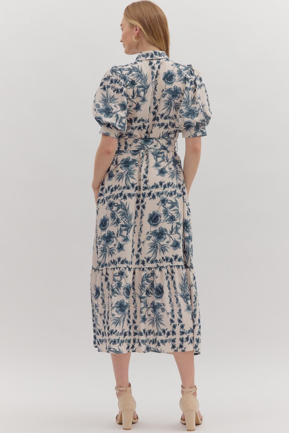 Entro Ink Blue Floral Midi Dress with Puff Sleeves & Tie Waist-Midi Dresses-entro-Deja Nu Boutique, Women's Fashion Boutique in Lampasas, Texas