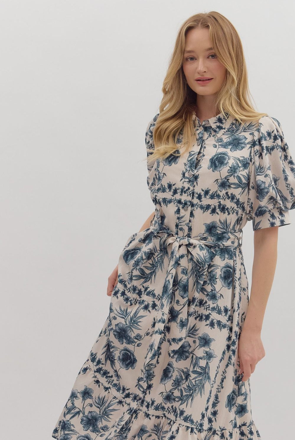 Entro Ink Blue Floral Midi Dress with Puff Sleeves & Tie Waist-Midi Dresses-entro-Deja Nu Boutique, Women's Fashion Boutique in Lampasas, Texas