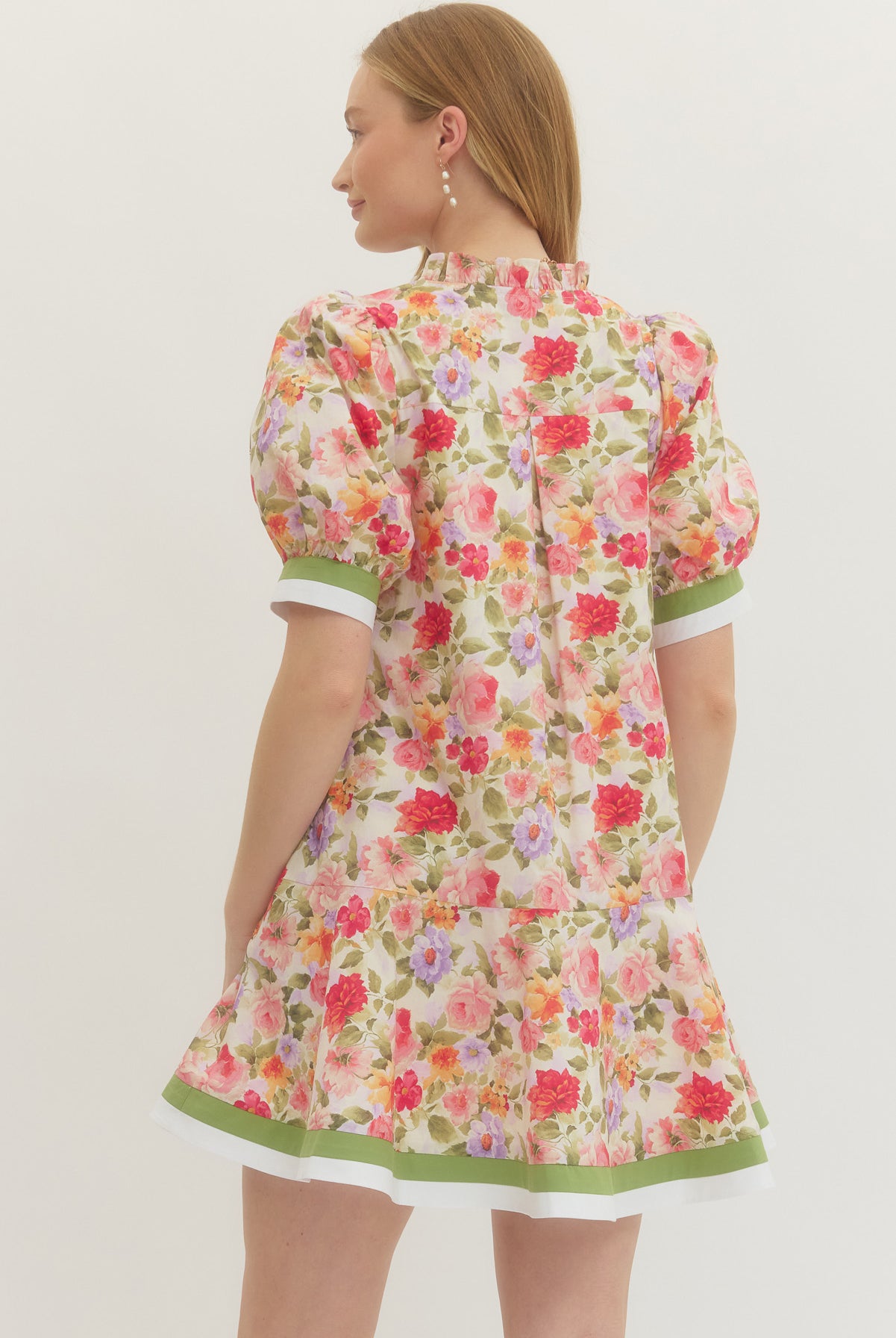 Entro Matcha Garden Floral Puff Sleeve Mini Dress-mini dress-Entro-Deja Nu Boutique, Women's Fashion Boutique in Lampasas, Texas