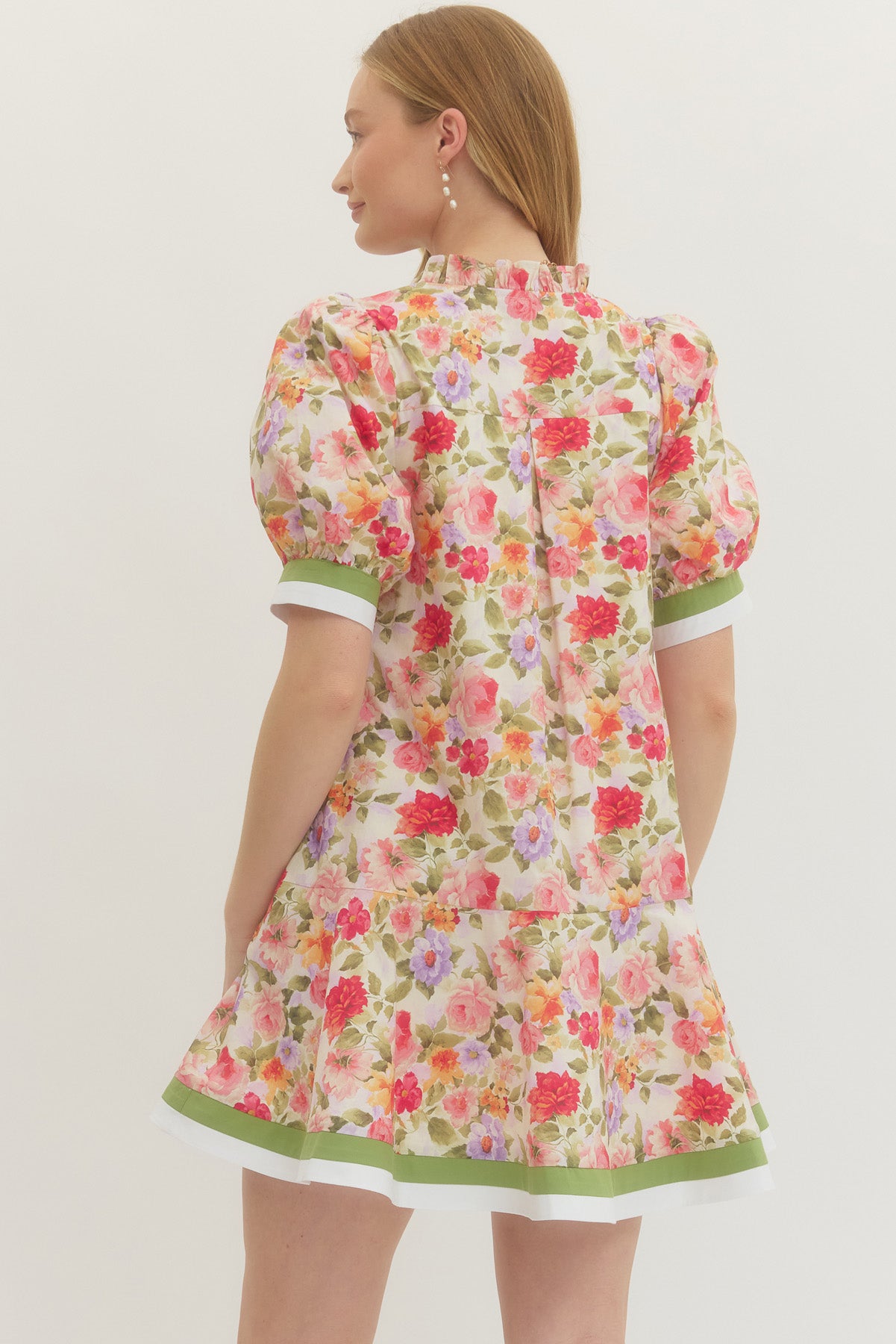 Entro Matcha Garden Floral Puff Sleeve Mini Dress-mini dress-Entro-Deja Nu Boutique, Women's Fashion Boutique in Lampasas, Texas