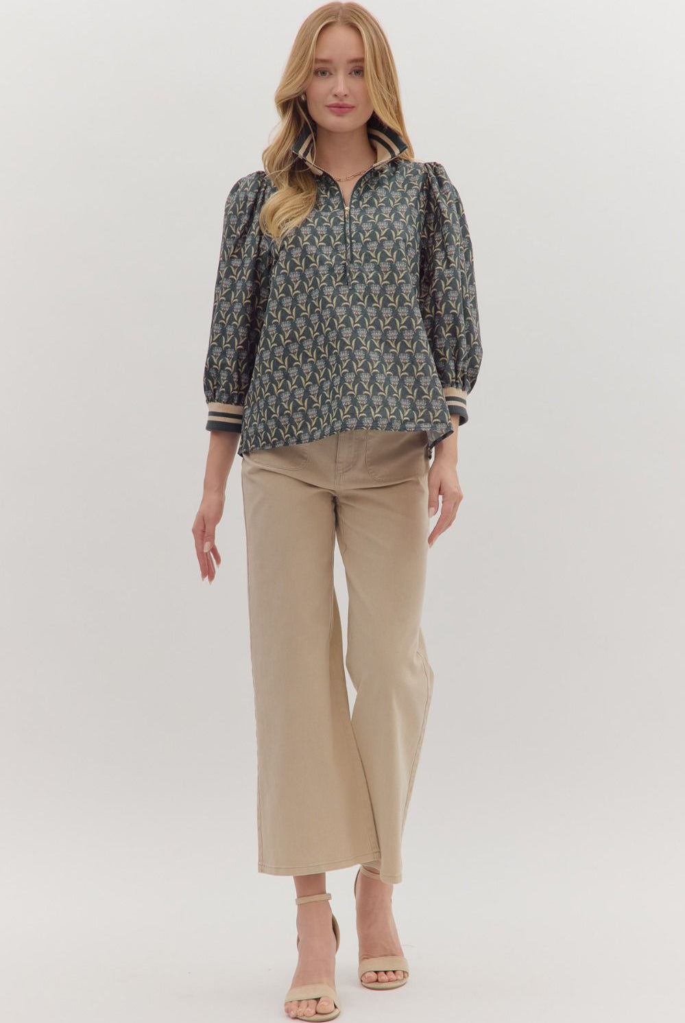 Entro Midnight Floral Puff Sleeve Zip Top-Tops-Entro-Deja Nu Boutique, Women's Fashion Boutique in Lampasas, Texas