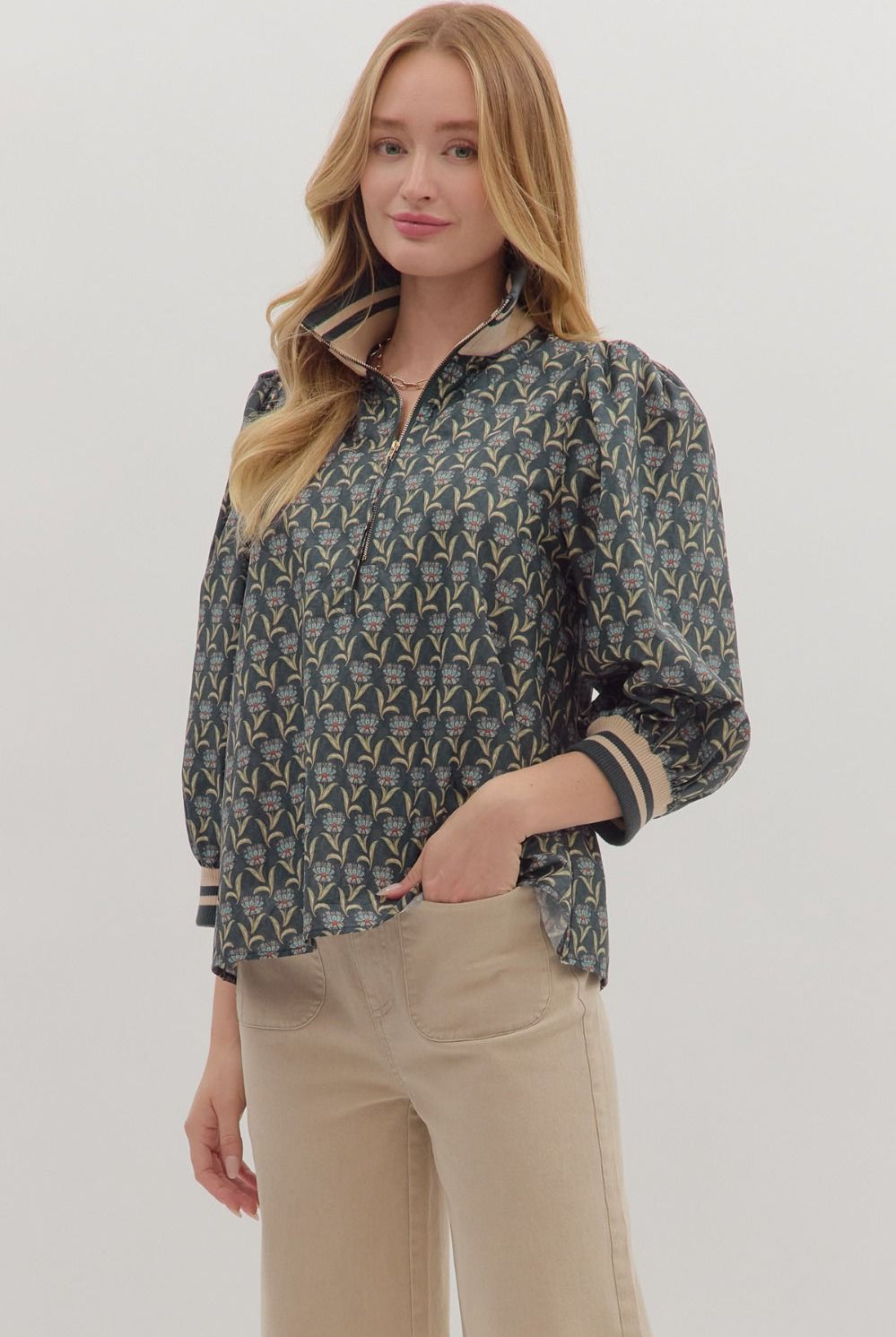 Entro Midnight Floral Puff Sleeve Zip Top-Tops-Entro-Deja Nu Boutique, Women's Fashion Boutique in Lampasas, Texas
