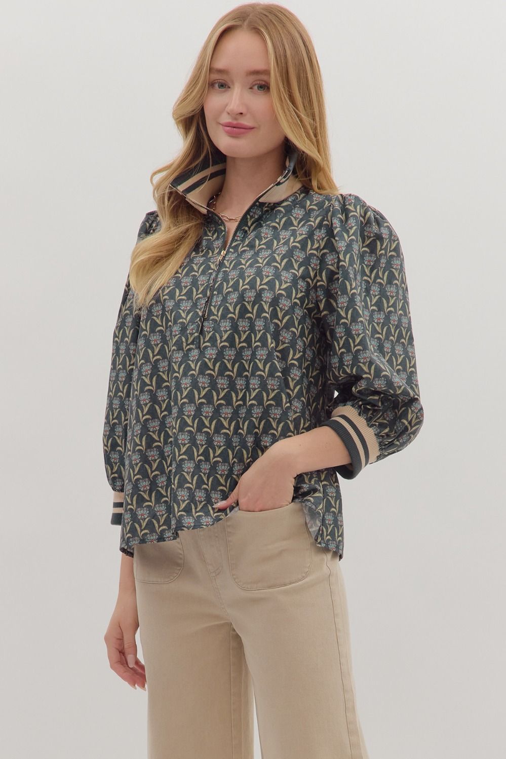 Entro Midnight Floral Puff Sleeve Zip Top-Tops-Entro-Deja Nu Boutique, Women's Fashion Boutique in Lampasas, Texas