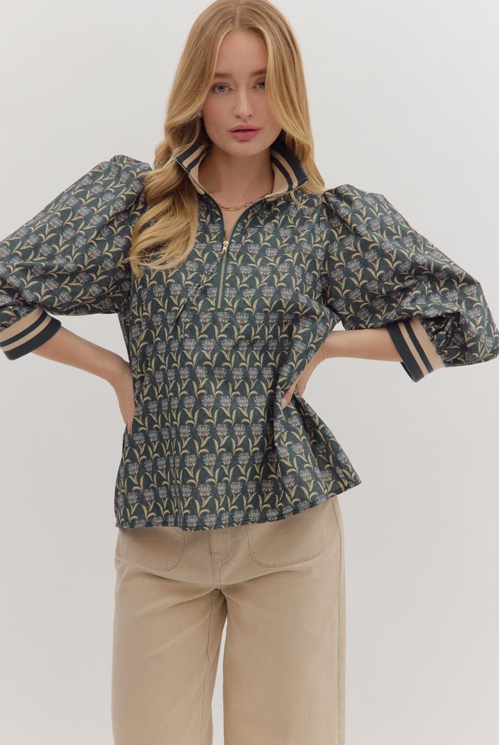 Entro Midnight Floral Puff Sleeve Zip Top-Tops-Entro-Deja Nu Boutique, Women's Fashion Boutique in Lampasas, Texas