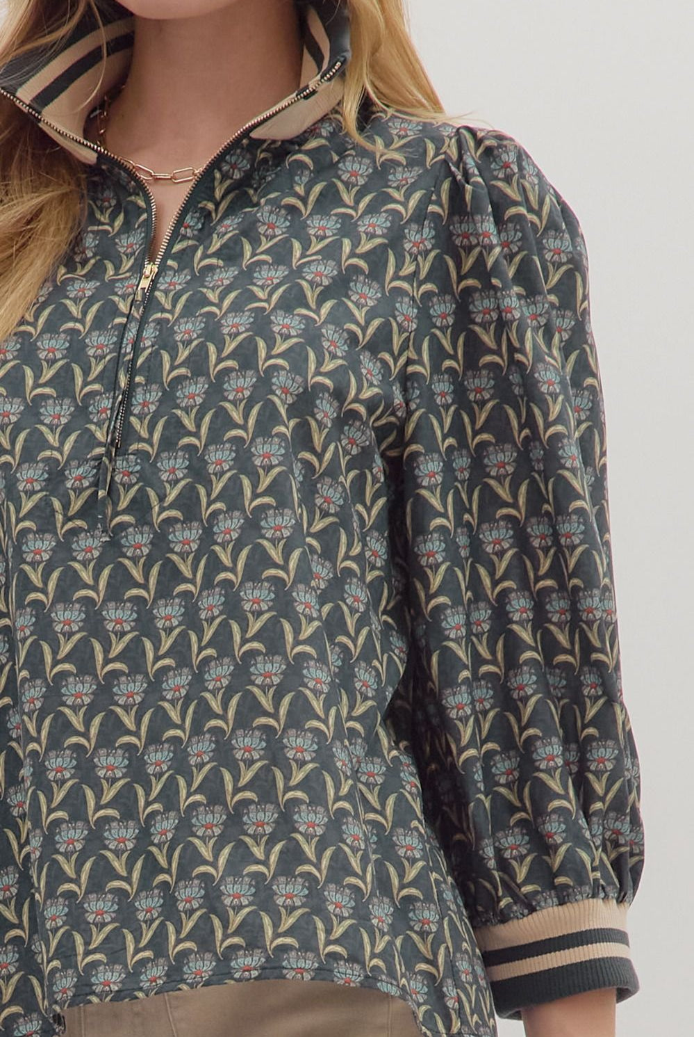 Entro Midnight Floral Puff Sleeve Zip Top-Tops-Entro-Deja Nu Boutique, Women's Fashion Boutique in Lampasas, Texas