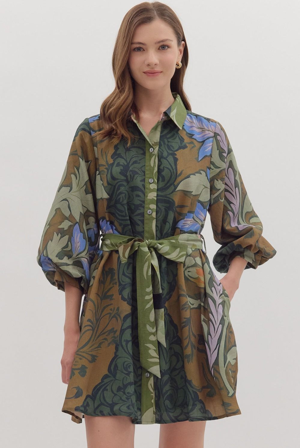 Entro Multi Botanical Print Long Sleeve Mini Dress-Dresses-entro-Deja Nu Boutique, Women's Fashion Boutique in Lampasas, Texas