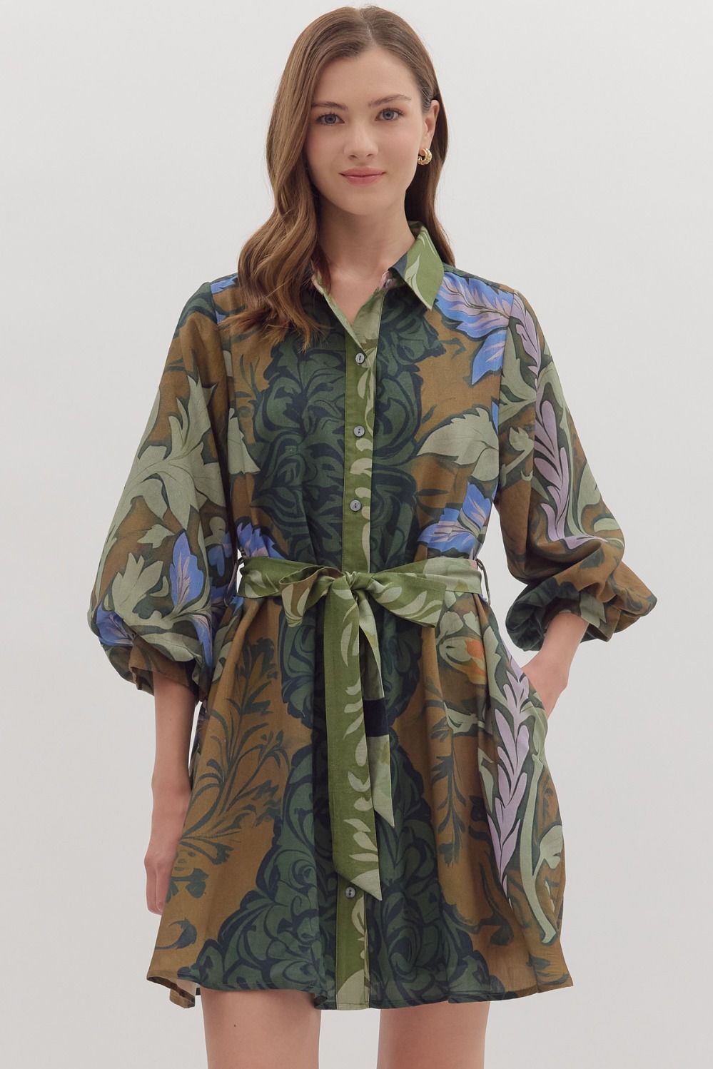 Entro Multi Botanical Print Long Sleeve Mini Dress-Dresses-entro-Deja Nu Boutique, Women's Fashion Boutique in Lampasas, Texas