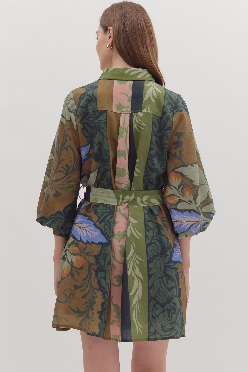 Entro Multi Botanical Print Long Sleeve Mini Dress-Dresses-entro-Deja Nu Boutique, Women's Fashion Boutique in Lampasas, Texas