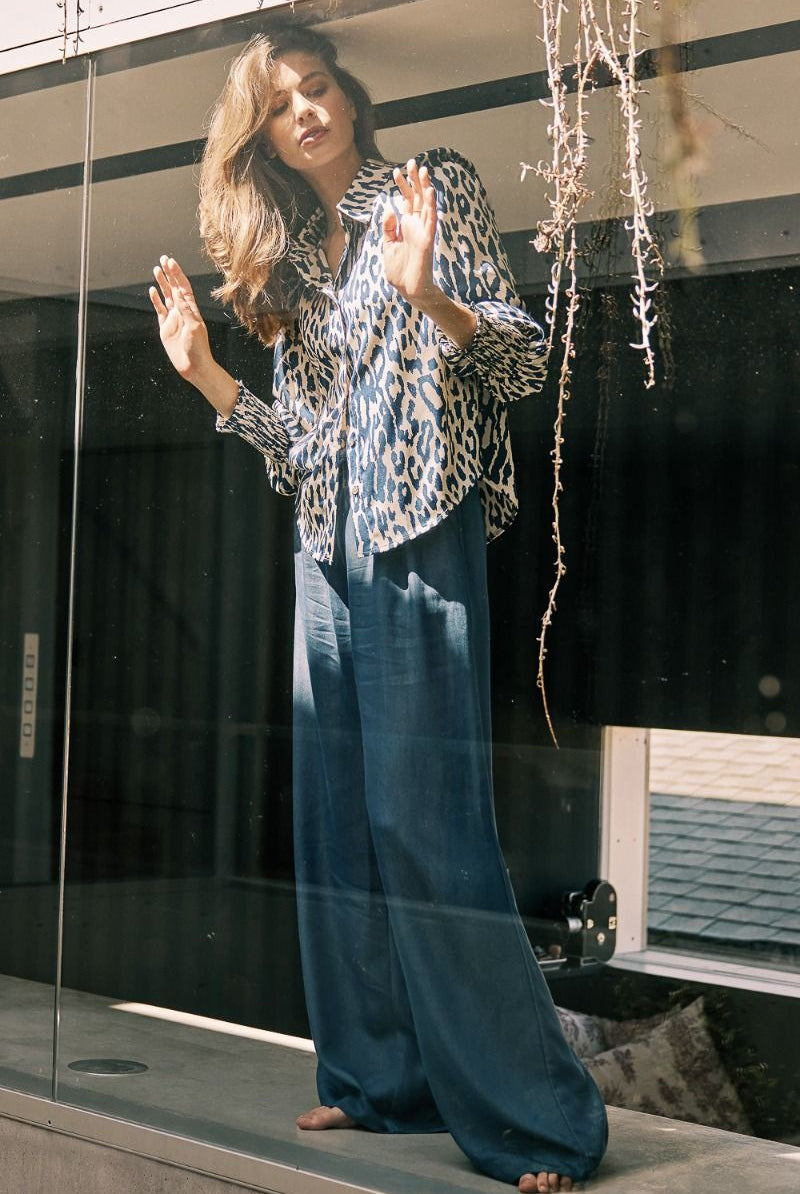 Entro Navy And White Animal Print Collared Button Up Top With Puff Sleeves-Tops-Entro-Deja Nu Boutique, Women's Fashion Boutique in Lampasas, Texas
