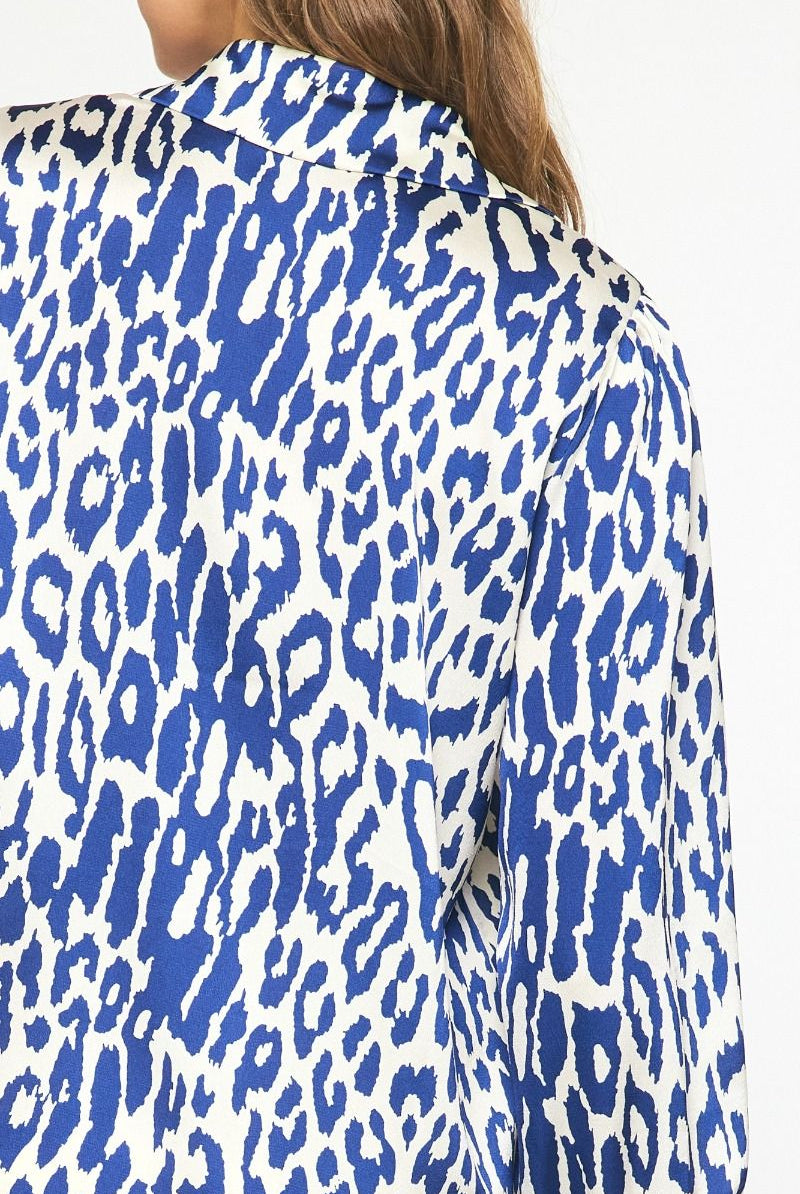 Entro Navy And White Animal Print Collared Button Up Top With Puff Sleeves-Tops-Entro-Deja Nu Boutique, Women's Fashion Boutique in Lampasas, Texas