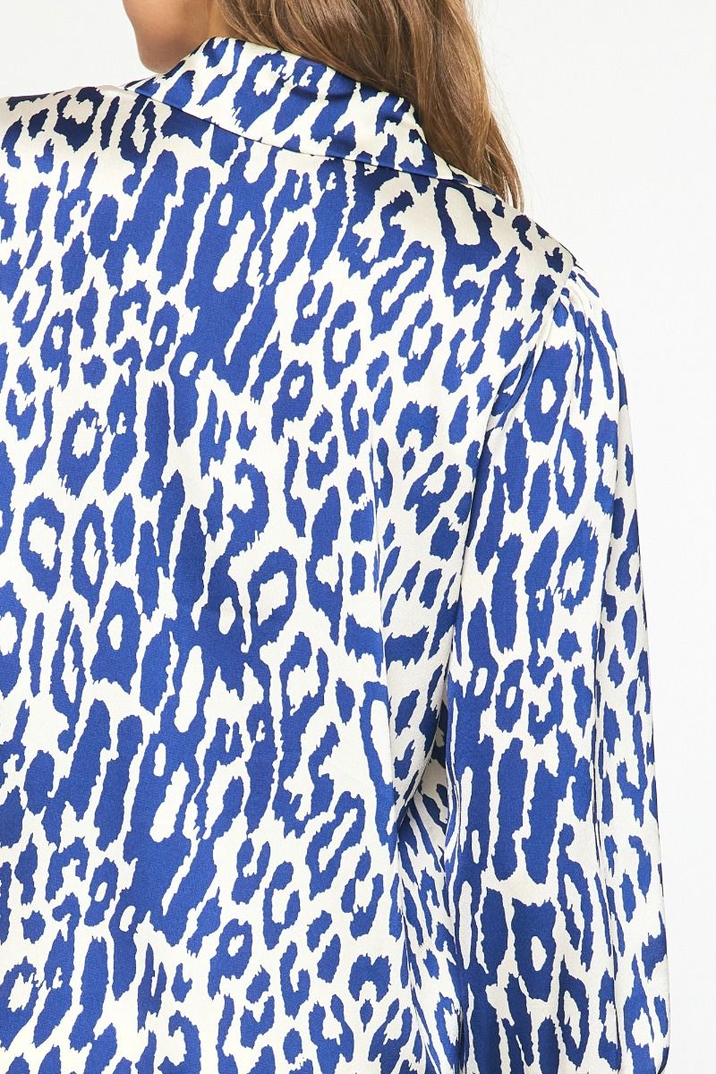 Entro Navy And White Animal Print Collared Button Up Top With Puff Sleeves-Tops-Entro-Deja Nu Boutique, Women's Fashion Boutique in Lampasas, Texas