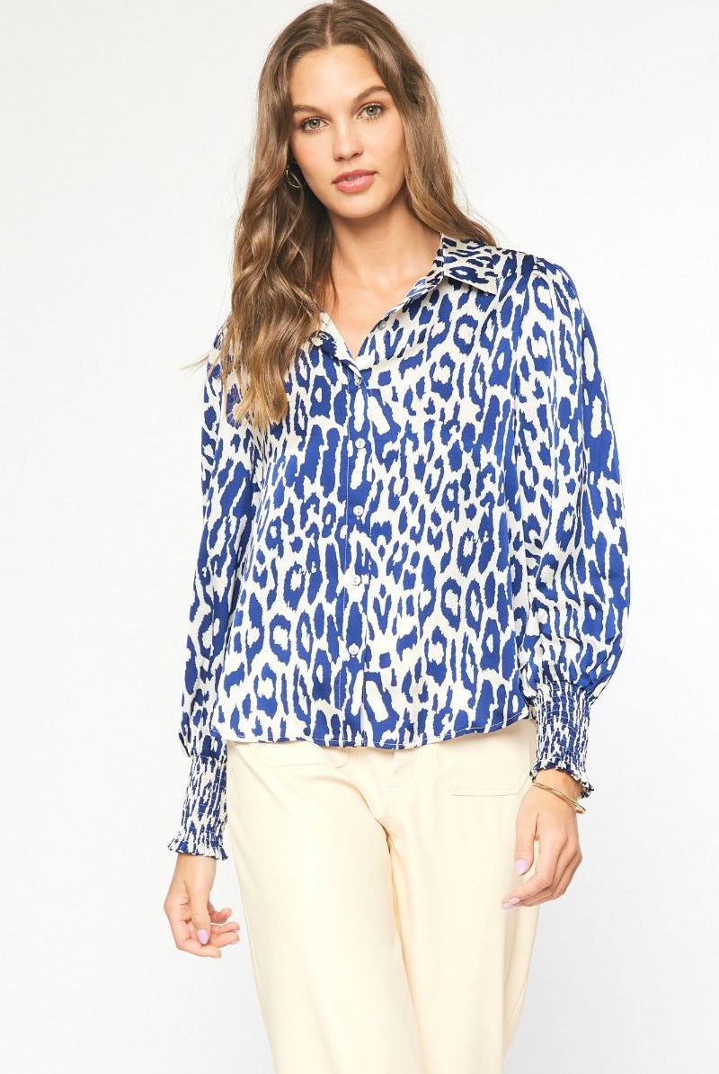 Entro Navy And White Animal Print Collared Button Up Top With Puff Sleeves-Tops-Entro-Deja Nu Boutique, Women's Fashion Boutique in Lampasas, Texas