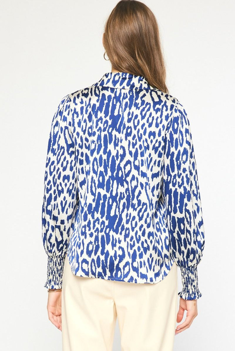 Entro Navy And White Animal Print Collared Button Up Top With Puff Sleeves-Tops-Entro-Deja Nu Boutique, Women's Fashion Boutique in Lampasas, Texas