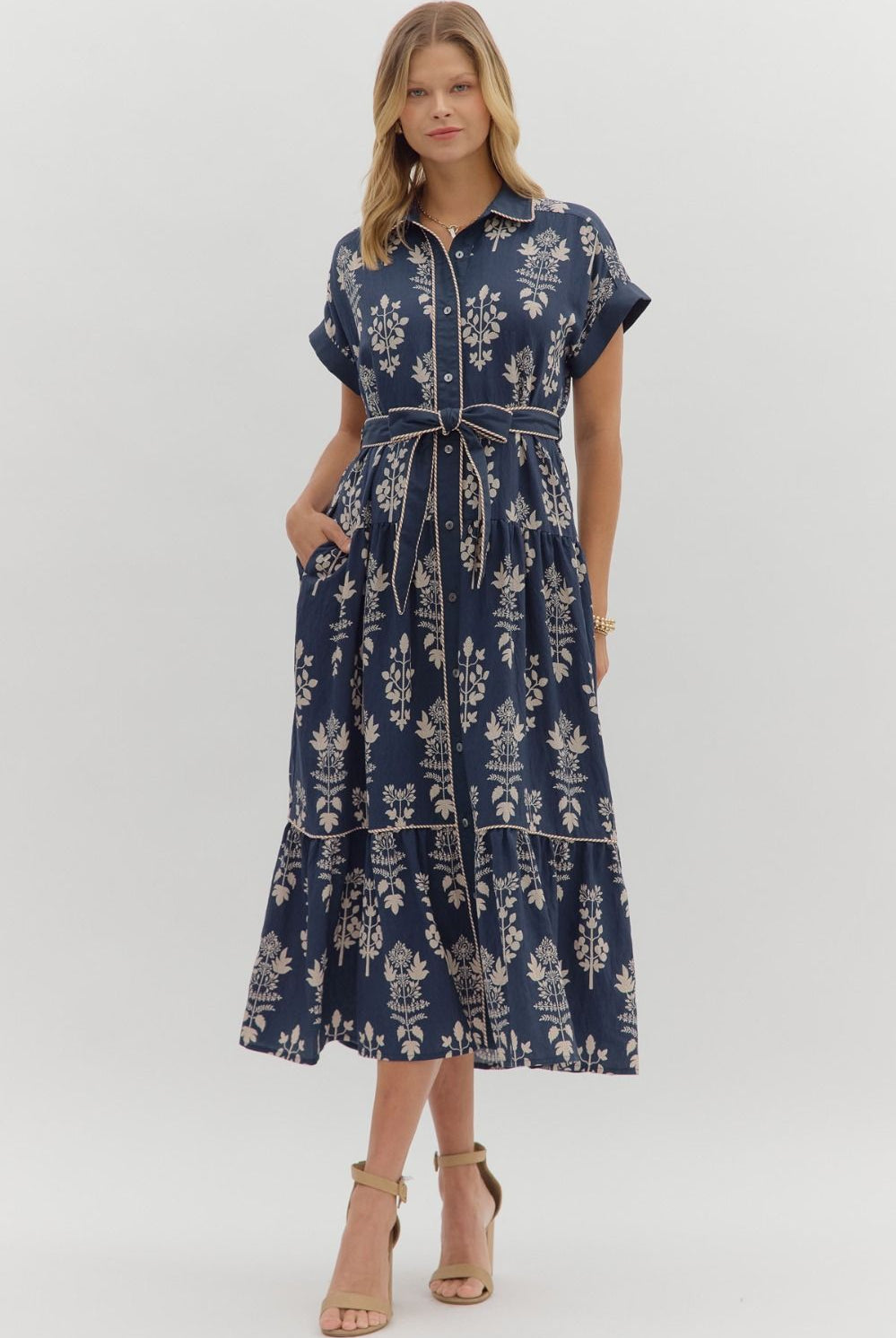Entro Navy Botanical Tiered Midi Dress with Belted Waist-Midi Dresses-Entro-Deja Nu Boutique, Women's Fashion Boutique in Lampasas, Texas