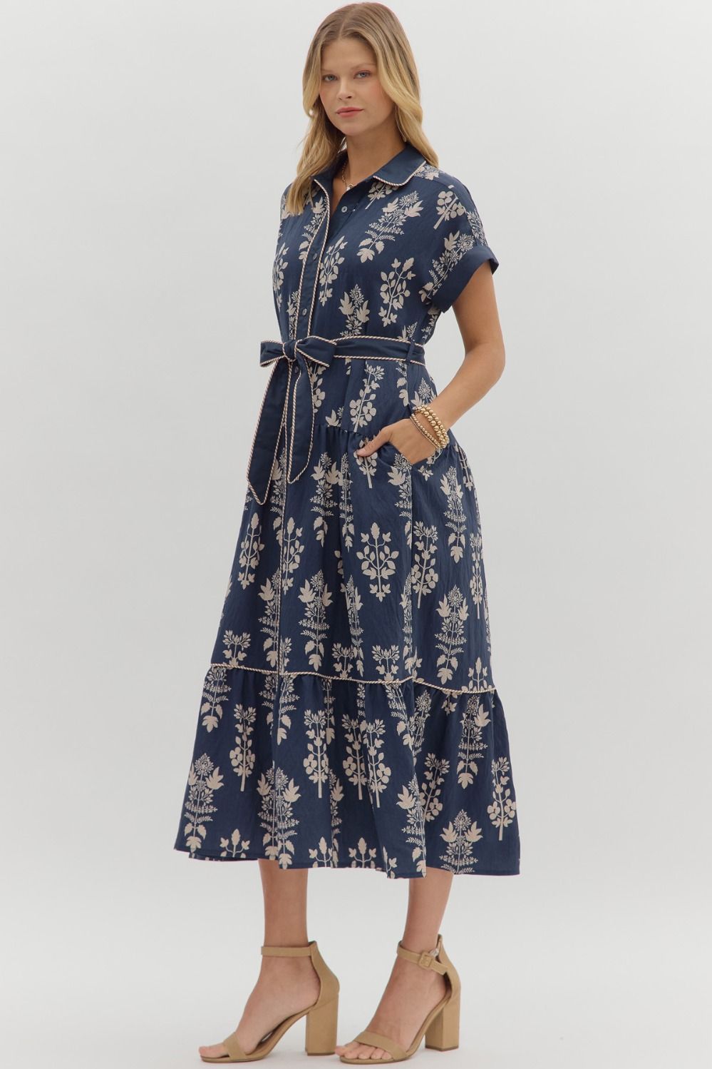 Entro Navy Botanical Tiered Midi Dress with Belted Waist-Midi Dresses-Entro-Deja Nu Boutique, Women's Fashion Boutique in Lampasas, Texas
