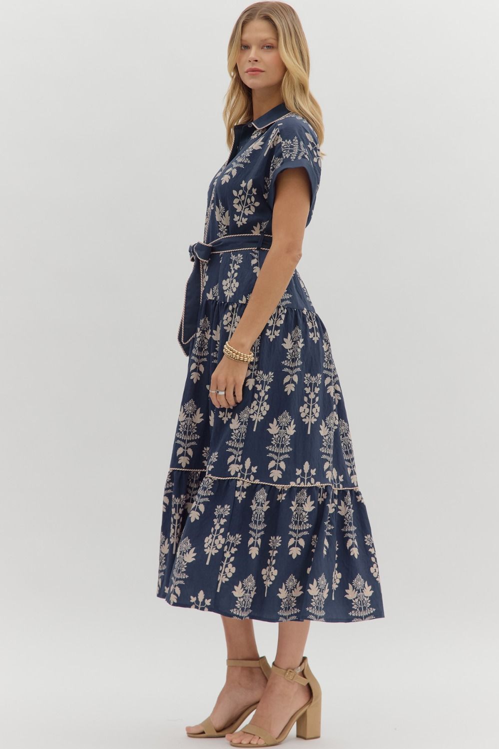 Entro Navy Botanical Tiered Midi Dress with Belted Waist-Midi Dresses-Entro-Deja Nu Boutique, Women's Fashion Boutique in Lampasas, Texas