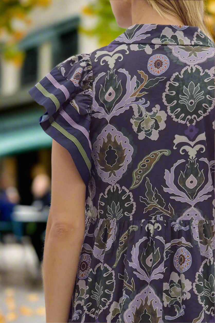 Entro Navy Multi Flutter Sleeve Cotton Midi Dress – Boho Printed Tiered Dress with Pockets-Midi Dresses-Entro-Deja Nu Boutique, Women's Fashion Boutique in Lampasas, Texas