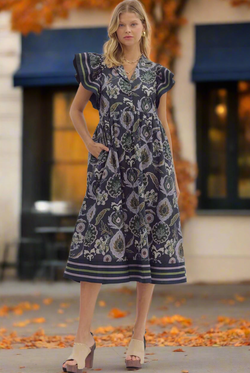 Entro Navy Multi Flutter Sleeve Cotton Midi Dress – Boho Printed Tiered Dress with Pockets-Midi Dresses-Entro-Deja Nu Boutique, Women's Fashion Boutique in Lampasas, Texas