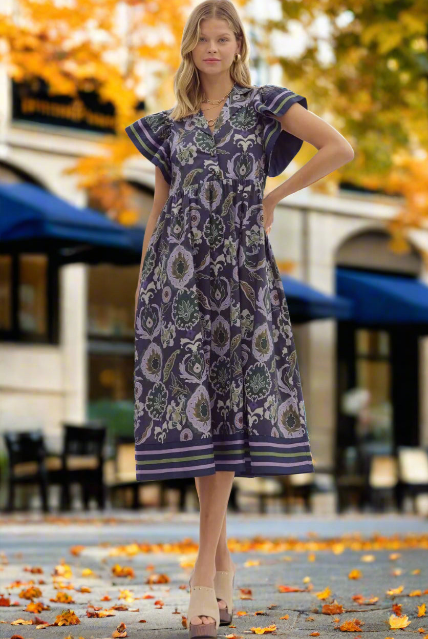 Entro Navy Multi Flutter Sleeve Cotton Midi Dress – Boho Printed Tiered Dress with Pockets-Midi Dresses-Entro-Deja Nu Boutique, Women's Fashion Boutique in Lampasas, Texas