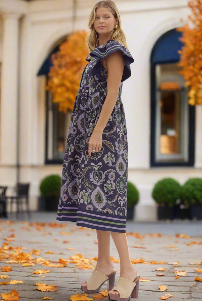 Entro Navy Multi Flutter Sleeve Cotton Midi Dress – Boho Printed Tiered Dress with Pockets-Midi Dresses-Entro-Deja Nu Boutique, Women's Fashion Boutique in Lampasas, Texas