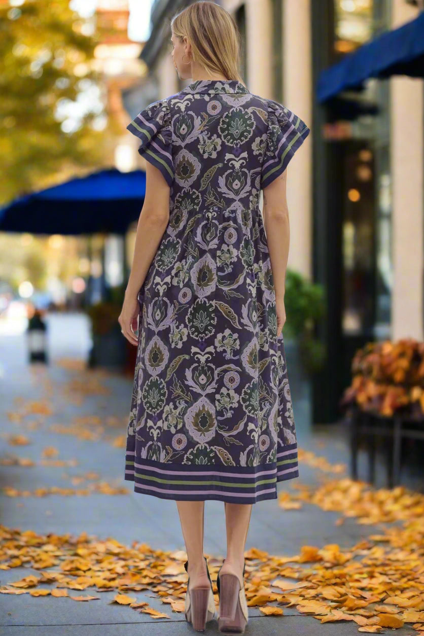 Entro Navy Multi Flutter Sleeve Cotton Midi Dress – Boho Printed Tiered Dress with Pockets-Midi Dresses-Entro-Deja Nu Boutique, Women's Fashion Boutique in Lampasas, Texas