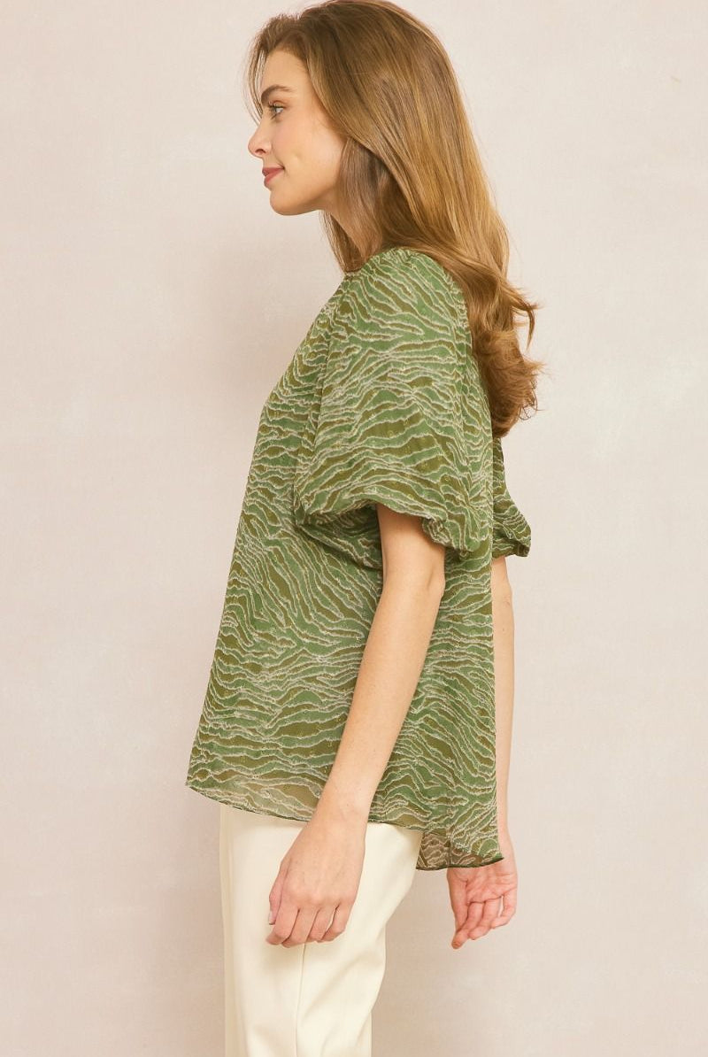 Entro Olive Animal Print Bubble Sleeve V-Neck Top Featuring Swiss Dot Detail-Tops-Entro-Deja Nu Boutique, Women's Fashion Boutique in Lampasas, Texas