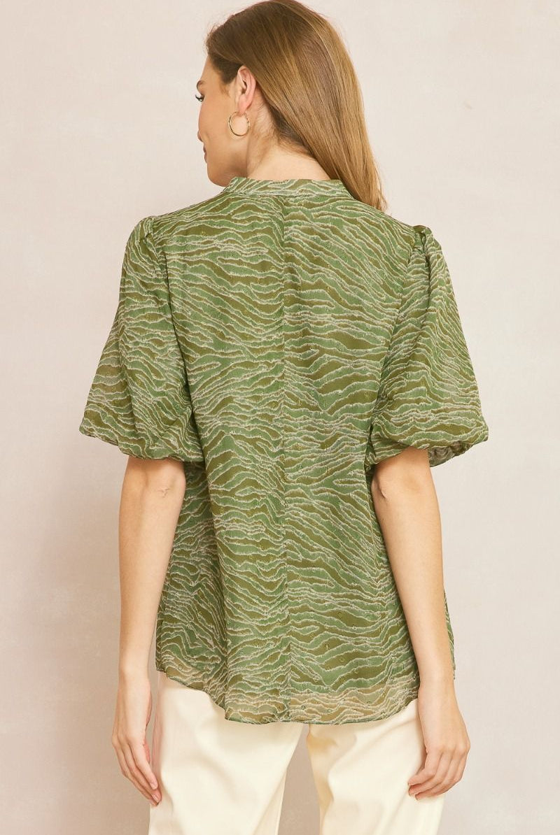 Entro Olive Animal Print Bubble Sleeve V-Neck Top Featuring Swiss Dot Detail-Tops-Entro-Deja Nu Boutique, Women's Fashion Boutique in Lampasas, Texas