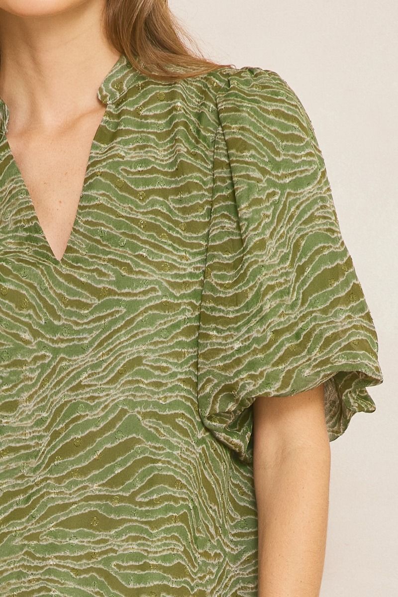 Entro Olive Animal Print Bubble Sleeve V-Neck Top Featuring Swiss Dot Detail-Tops-Entro-Deja Nu Boutique, Women's Fashion Boutique in Lampasas, Texas