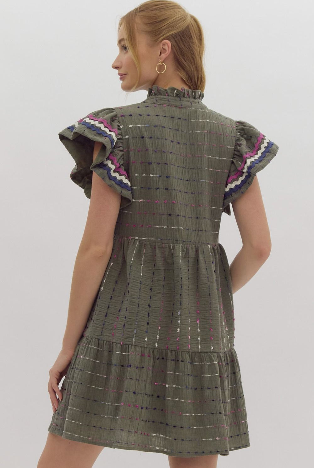 Entro Olive Textured Min Dress With Multi Color Ric Rac Trim-Dresses-Entro-Deja Nu Boutique, Women's Fashion Boutique in Lampasas, Texas