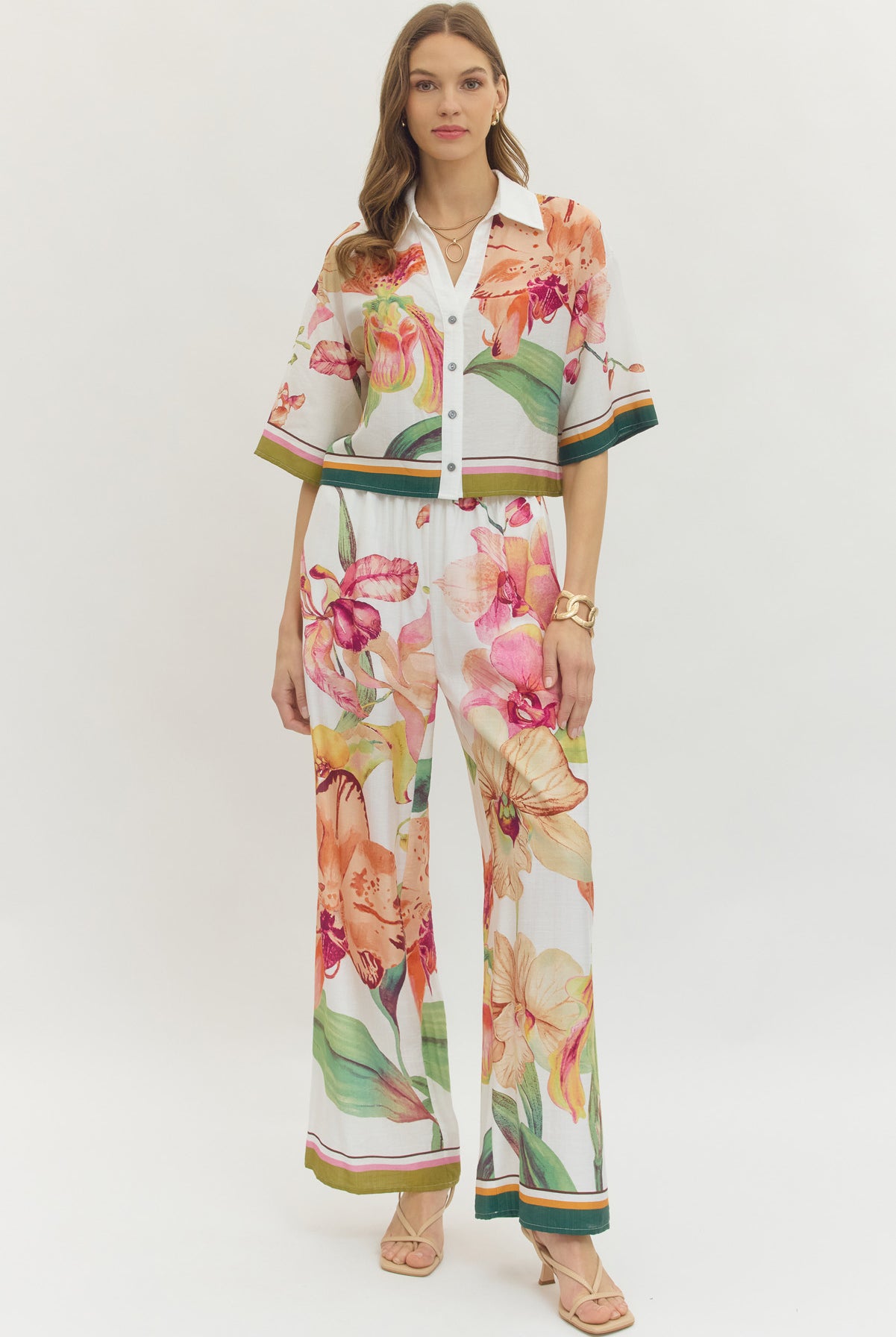 Entro Orchid Garden Floral Pull-On Wide Leg Pants-Bottoms-Entro-Deja Nu Boutique, Women's Fashion Boutique in Lampasas, Texas