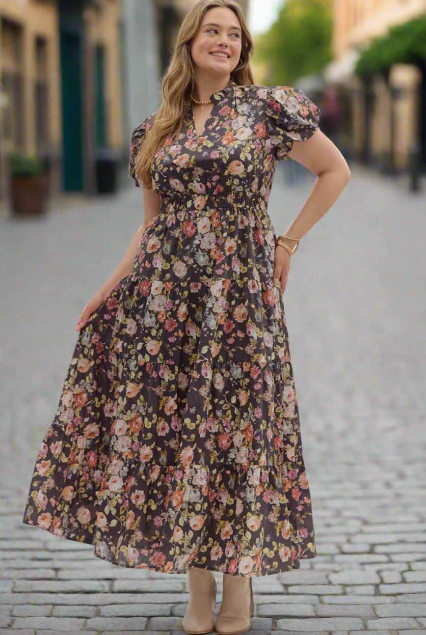 Entro Plus Size Chocolate Floral Puff Sleeve Midi Dress-Curvy/Plus Dresses-entro-Deja Nu Boutique, Women's Fashion Boutique in Lampasas, Texas