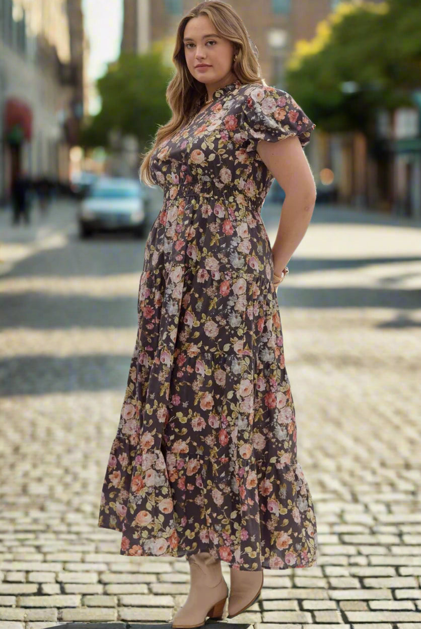 Entro Plus Size Chocolate Floral Puff Sleeve Midi Dress-Curvy/Plus Dresses-entro-Deja Nu Boutique, Women's Fashion Boutique in Lampasas, Texas