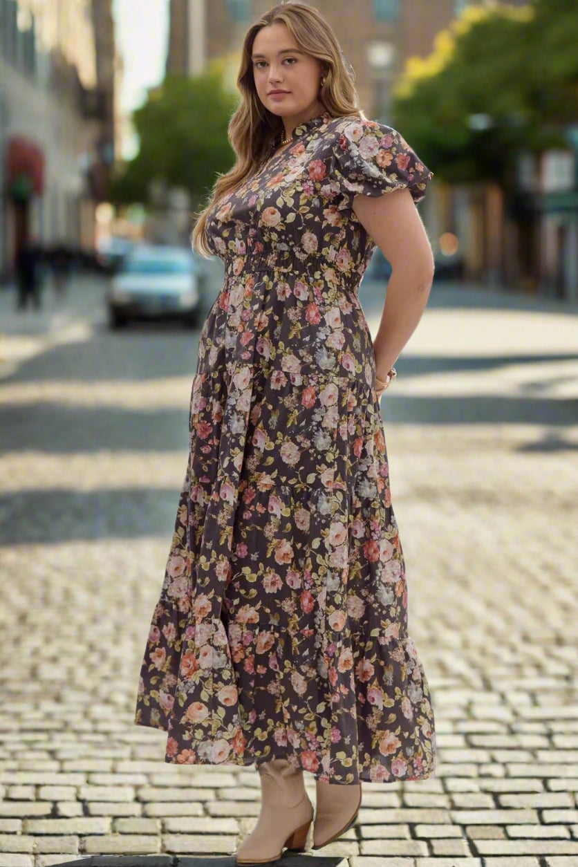 Entro Plus Size Chocolate Floral Puff Sleeve Midi Dress-Curvy/Plus Dresses-entro-Deja Nu Boutique, Women's Fashion Boutique in Lampasas, Texas