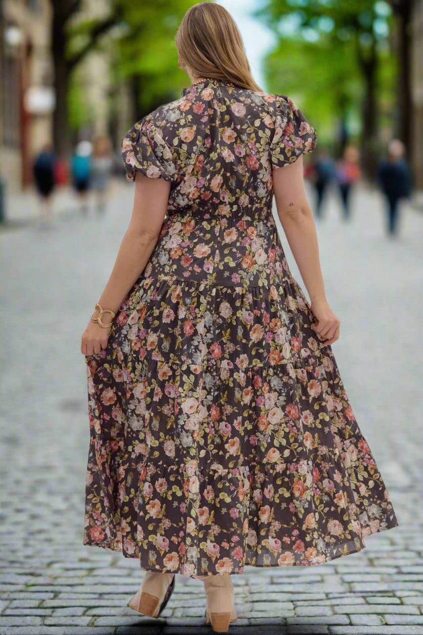 Entro Plus Size Chocolate Floral Puff Sleeve Midi Dress-Curvy/Plus Dresses-entro-Deja Nu Boutique, Women's Fashion Boutique in Lampasas, Texas