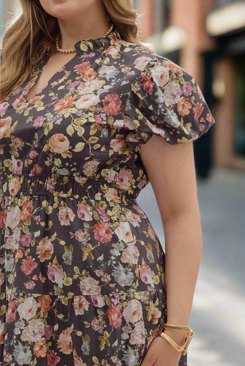 Entro Plus Size Chocolate Floral Puff Sleeve Midi Dress-Curvy/Plus Dresses-entro-Deja Nu Boutique, Women's Fashion Boutique in Lampasas, Texas