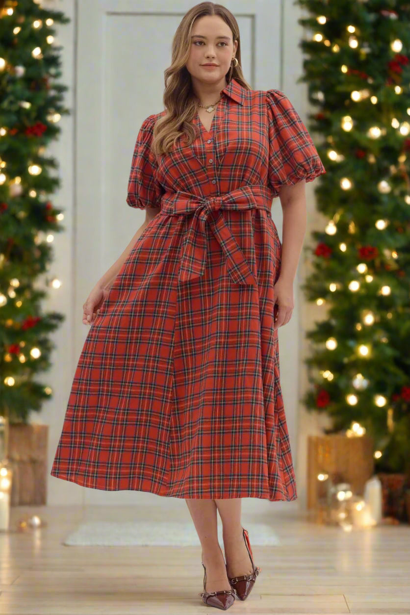 Entro Plus Size Plaid Puff Sleeve Midi Dress with Waist Tie in Holiday Red-Curvy/Plus Dresses-entro-Deja Nu Boutique, Women's Fashion Boutique in Lampasas, Texas