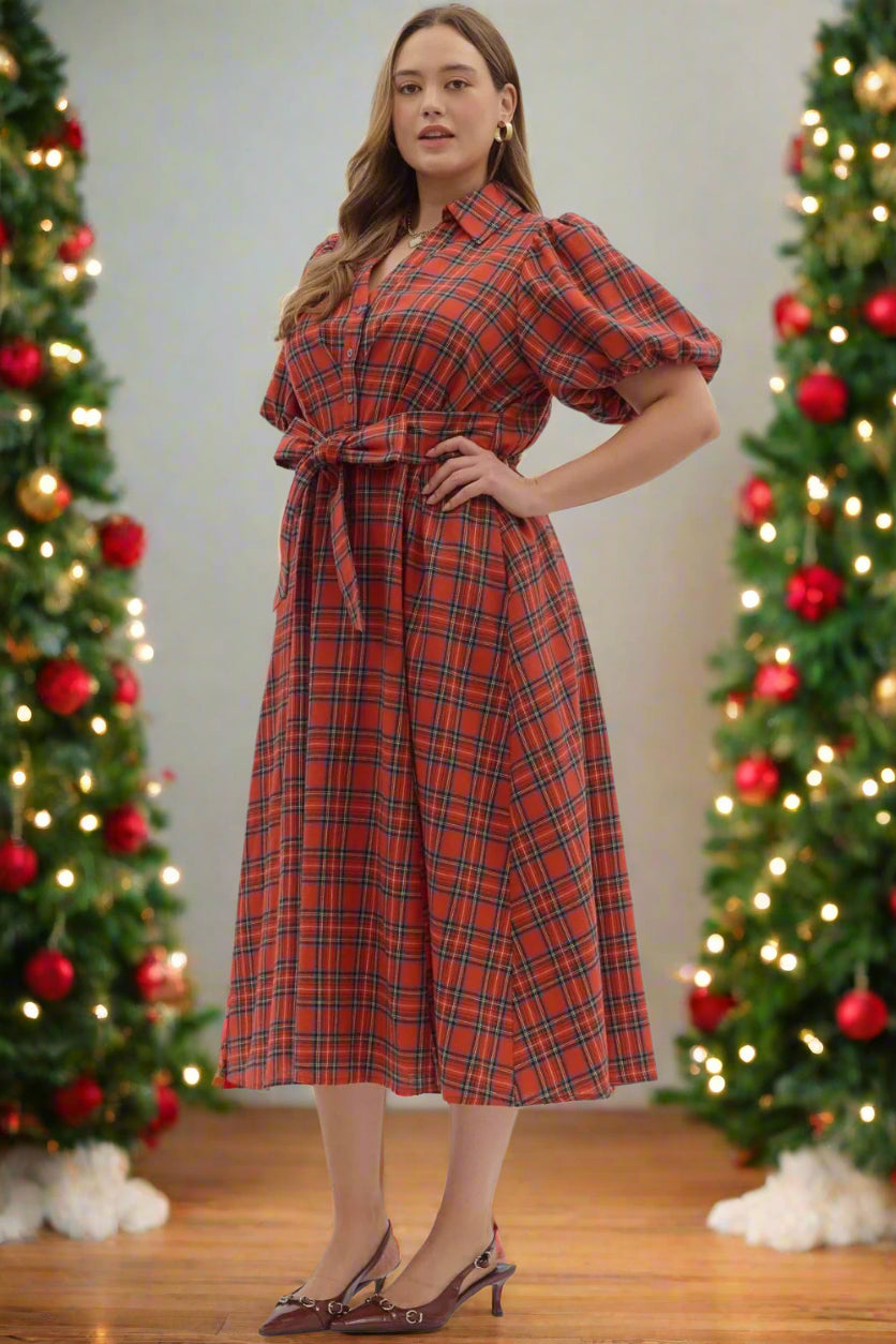 Entro Plus Size Plaid Puff Sleeve Midi Dress with Waist Tie in Holiday Red-Curvy/Plus Dresses-entro-Deja Nu Boutique, Women's Fashion Boutique in Lampasas, Texas