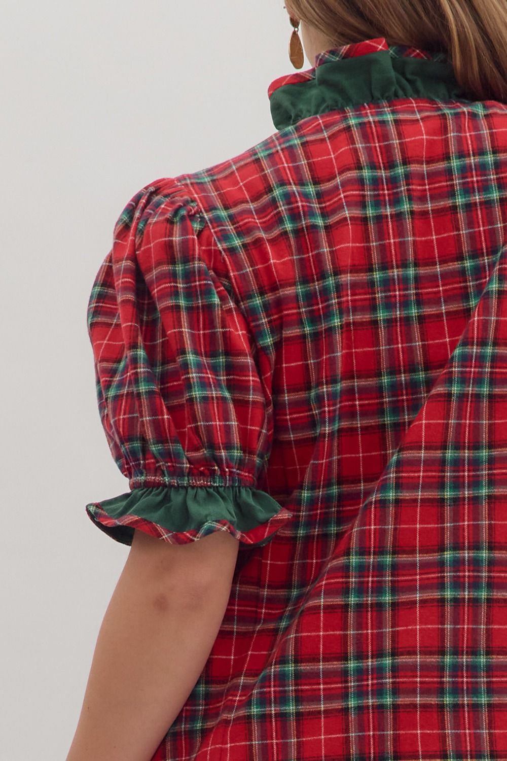 Entro Plus Size Plaid Puff Sleeve Top with Ruffle Trim-Curvy/Plus Blouses-Entro-Deja Nu Boutique, Women's Fashion Boutique in Lampasas, Texas