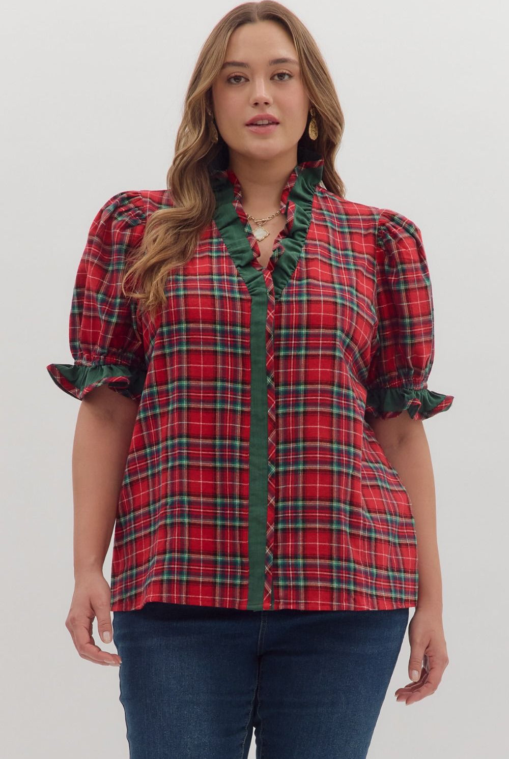 Entro Plus Size Plaid Puff Sleeve Top with Ruffle Trim-Curvy/Plus Blouses-Entro-Deja Nu Boutique, Women's Fashion Boutique in Lampasas, Texas