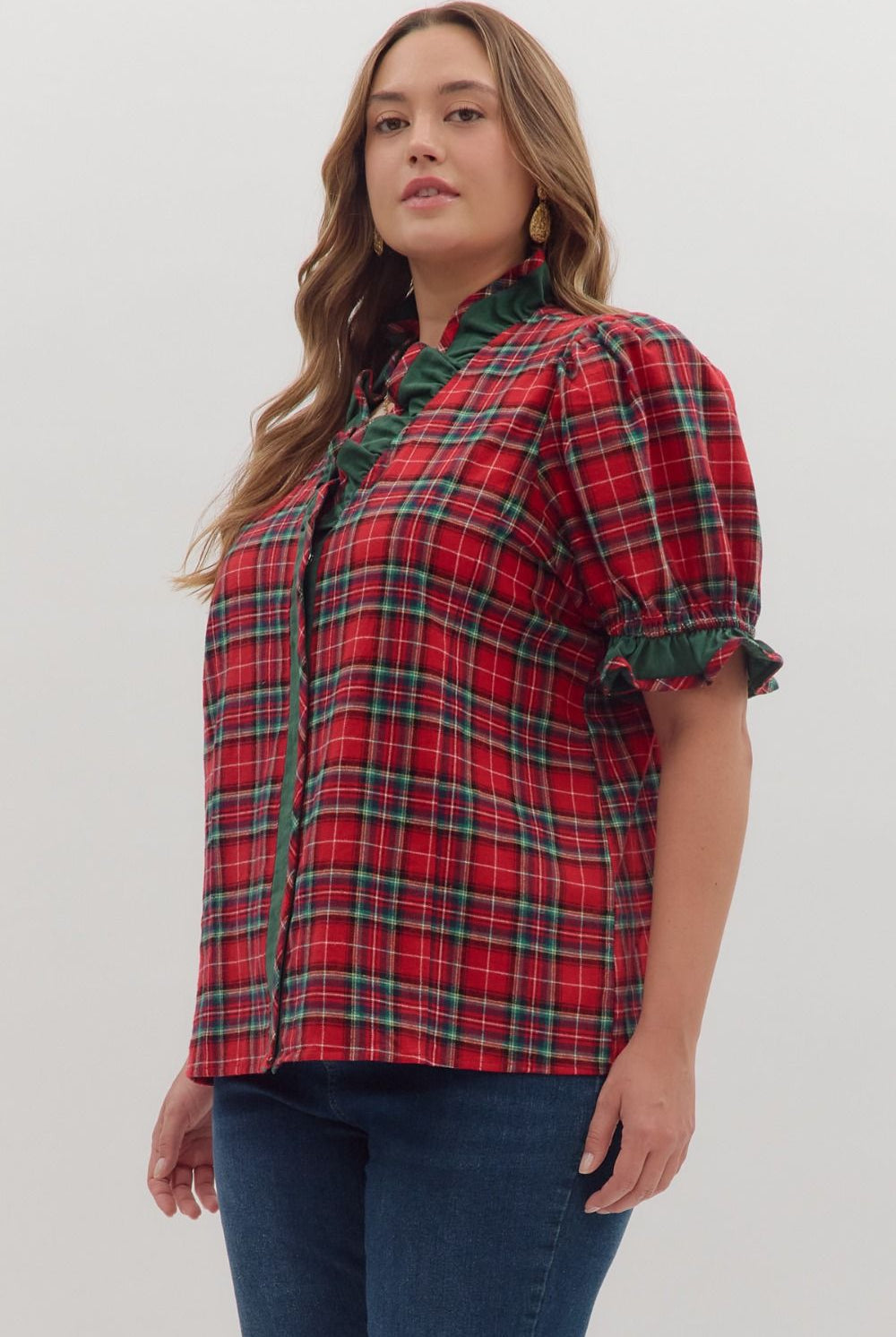 Entro Plus Size Plaid Puff Sleeve Top with Ruffle Trim-Curvy/Plus Blouses-Entro-Deja Nu Boutique, Women's Fashion Boutique in Lampasas, Texas