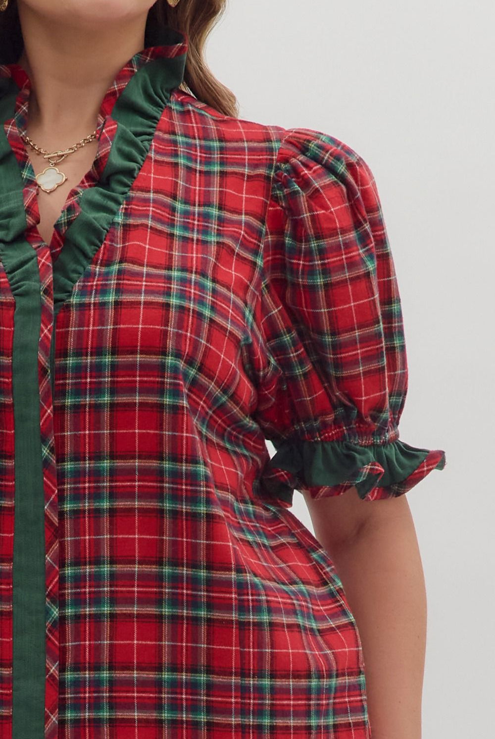Entro Plus Size Plaid Puff Sleeve Top with Ruffle Trim-Curvy/Plus Blouses-Entro-Deja Nu Boutique, Women's Fashion Boutique in Lampasas, Texas
