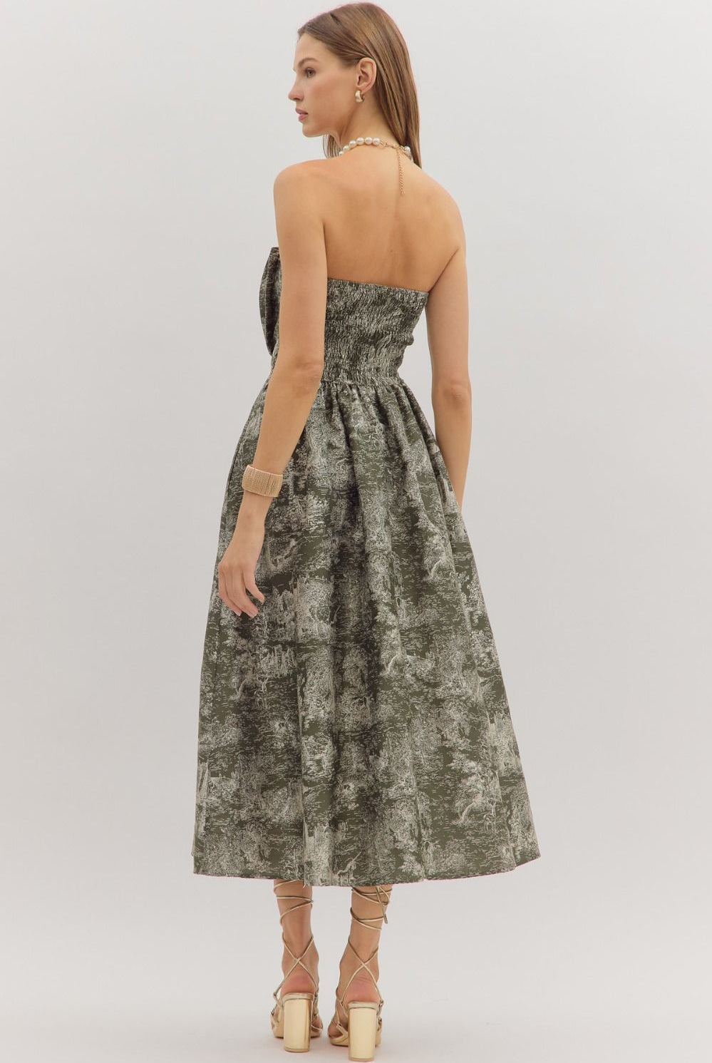 Entro Printed Strapless Midi Dress in Olive-Dresses-entro-Deja Nu Boutique, Women's Fashion Boutique in Lampasas, Texas