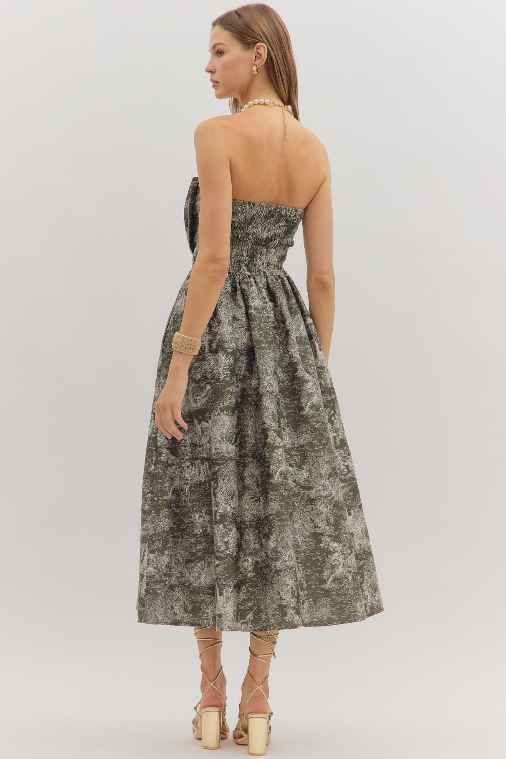 Entro Printed Strapless Midi Dress in Olive-Dresses-entro-Deja Nu Boutique, Women's Fashion Boutique in Lampasas, Texas