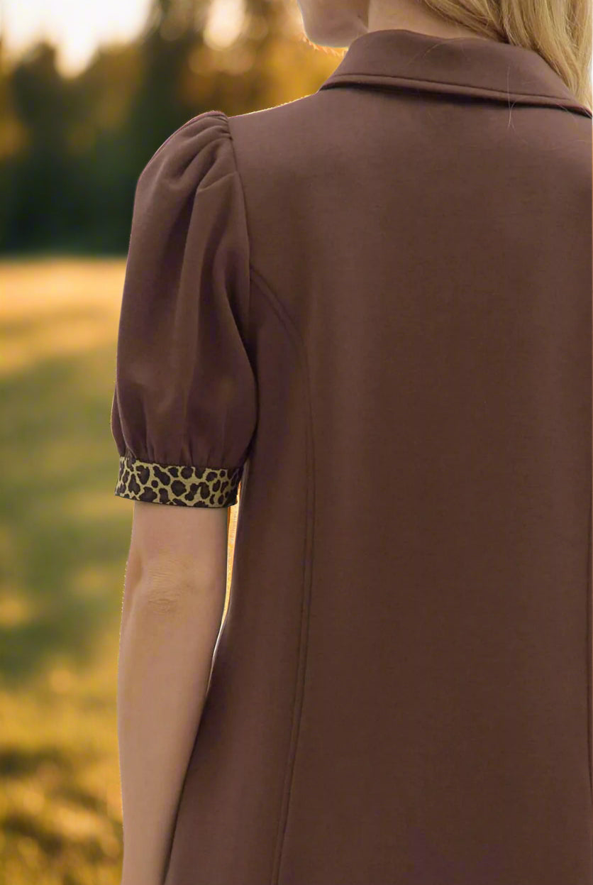 Entro Puff Sleeve Mini Dress with Leopard Trim-Dresses-Entro-Deja Nu Boutique, Women's Fashion Boutique in Lampasas, Texas