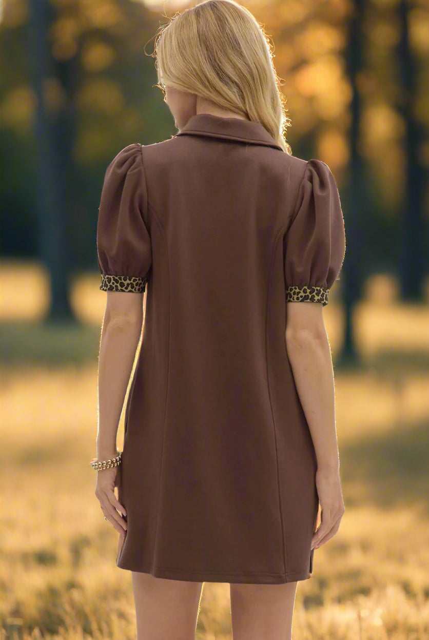 Entro Puff Sleeve Mini Dress with Leopard Trim-Dresses-Entro-Deja Nu Boutique, Women's Fashion Boutique in Lampasas, Texas